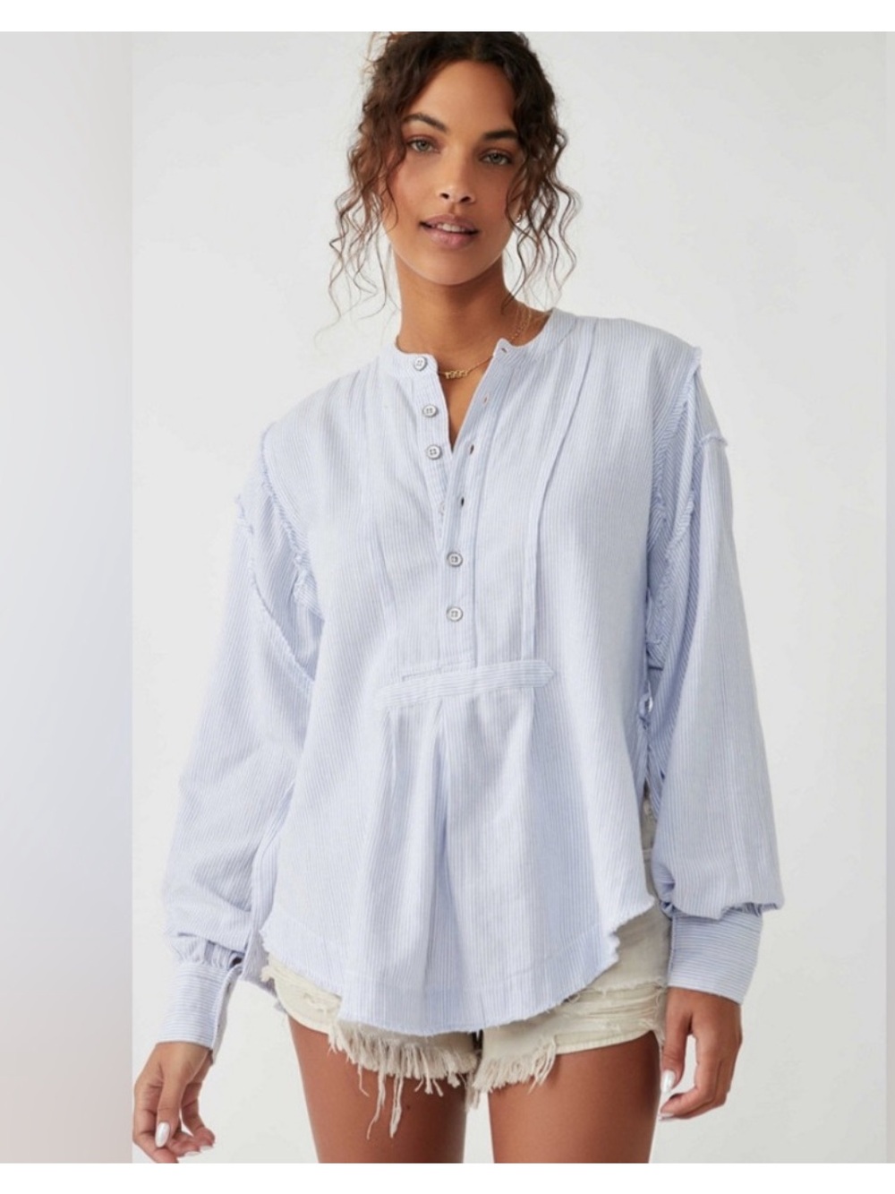 Free People Blue White Pin Stripe Edge Washed Shirt Sz XS